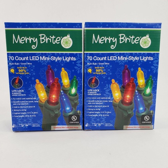 2 Merry Brite 70 Ct LED Mini Style Multi Color Lights Green Wire Christmas Patio - Picture 1 of 6
